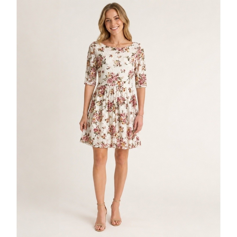Vintage Y2K Jessica Howard‎ Dress Womens 6 White Lace Pink Floral Romantic